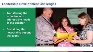 • Transferring the
experience to
address the needs
of the chapter
• Sustaining the
networking beyond
the event
Leadership Development Challenges
 