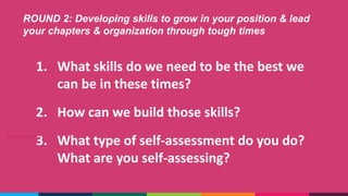 1. What skills do we need to be the best we
can be in these times?
2. How can we build those skills?
3. What type of self-assessment do you do?
What are you self-assessing?
ROUND 2: Developing skills to grow in your position & lead
your chapters & organization through tough times
Brought to you by
 