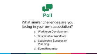 Poll
What similar challenges are you
facing in your own association?
a. Workforce Development
b. Sustainable Workforce
c. Leadership Succession
Planning
d. Something else
 