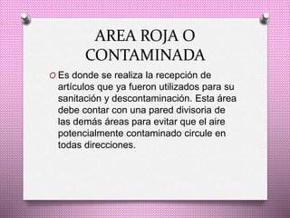 AREA ROJA O
CONTAMINADA
O Es donde se realiza la recepción de
artículos que ya fueron utilizados para su
sanitación y descontaminación. Esta área
debe contar con una pared divisoria de
las demás áreas para evitar que el aire
potencialmente contaminado circule en
todas direcciones.
 