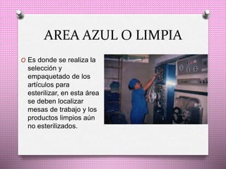 AREA AZUL O LIMPIA
O Es donde se realiza la
selección y
empaquetado de los
artículos para
esterilizar, en esta área
se deben localizar
mesas de trabajo y los
productos limpios aún
no esterilizados.
 