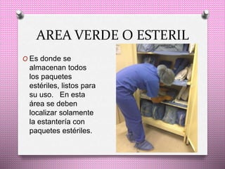 AREA VERDE O ESTERIL
O Es donde se
almacenan todos
los paquetes
estériles, listos para
su uso. En esta
área se deben
localizar solamente
la estantería con
paquetes estériles.
 