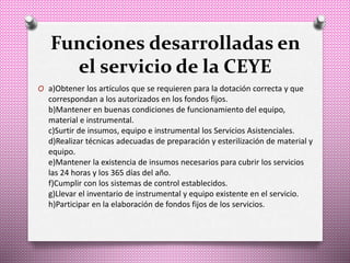 Funciones desarrolladas en
el servicio de la CEYE
O a)Obtener los artículos que se requieren para la dotación correcta y que
correspondan a los autorizados en los fondos fijos.
b)Mantener en buenas condiciones de funcionamiento del equipo,
material e instrumental.
c)Surtir de insumos, equipo e instrumental los Servicios Asistenciales.
d)Realizar técnicas adecuadas de preparación y esterilización de material y
equipo.
e)Mantener la existencia de insumos necesarios para cubrir los servicios
las 24 horas y los 365 días del año.
f)Cumplir con los sistemas de control establecidos.
g)Llevar el inventario de instrumental y equipo existente en el servicio.
h)Participar en la elaboración de fondos fijos de los servicios.
 