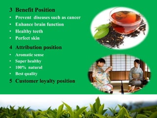 3 Benefit Position
• Prevent diseases such as cancer
• Enhance brain function
• Healthy teeth
• Perfect skin
4 Attribution position
• Aromatic sense
• Super healthy
• 100% natural
• Best quality
5 Customer loyalty position
 