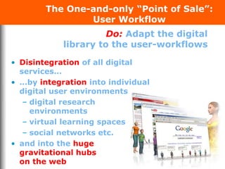 Do: Adapt the digital
library to the user-workflows
• Disintegration of all digital
services…
• …by integration into individual
digital user environments
– digital research
environments
– virtual learning spaces
– social networks etc.
• and into the huge
gravitational hubs
on the web
The One-and-only “Point of Sale”:
User Workflow
 