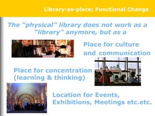 Place for culture
and communication
Place for concentration
(learning & thinking)
Location for Events,
Exhibitions, Meetings etc.etc.
The “physical” library does not work as a
“library” anymore, but as a
Library-as-place: Functional Change
 