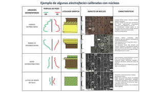 UNIDADES
SEDIMENTARIAS
PERFILES DE POZO
GR RS
LITOLOGÍA GRÁFICA ASPECTO EN NÚCLEO CARACTERÍSTICAS
CANALES
DISTRIBUTARIOS
• Contacto inferior erosivo o abrupto, contacto
superior transicional
• Sucesión vertical de facies grano decreciente,
las facies sedimentarias comúnmente
asociadas a estos depósitos son S3 y S11
• La estratificación cruzada planar es la
estructura física más común, también presenta
turboglifos y estructuras de derrumbe
• Ausencia de bioturbación
BARRAS DE
DESEMBOCADURA
• Contacto inferior transicional sobre
sedimentos del frente deltaico o sedimentos de
la bahía interdistributaria
• Facies de grano fino H o S2 que pasan hacia el
tope a facies S11 o S3
• Las estructuras físicas más comunes son
rizaduras, laminación y estratificación paralela,
también presenta estratificación cruzada de
bajo ángulo y estructuras de escapes de fluidos
• Bioturbación de rara a común
BAHÍA
INTERDISTRIBUTARIA
• Facies asociadas característicamente de grano
fino, H, L y en menor proporción ST
• Laminación flasser, laminación ondulada y
laminación discontinua, además de marcas de
sinéresis
• Bioturbación entre rara y moderada que puede
llegar a ser abundante
LUTITAS DE FRENTE
DELTAICO
• Sedimentos característicamente arcillosos,
generalmente facies L
• Exhibe pocas estructuras físicas, sin embargo
puede apreciarse laminaciones onduladas,
laminaciones discontinuas, marcas de sinéresis
y en menor proporción estructuras de carga y
estructuras cono en cono
• Bioturbación entre ausente y rara, se observan
restos vegetales
Ejemplo de algunas electrofacies calibradas con núcleos
 