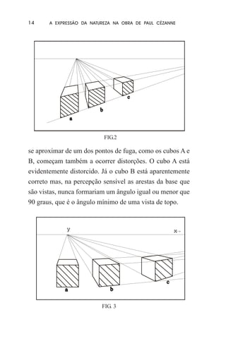 14

A EXPRESSÃO DA NATUREZA NA OBRA DE PAUL CÉZANNE

FIG.2

se aproximar de um dos pontos de fuga, como os cubos A e
B, começam também a ocorrer distorções. O cubo A está
evidentemente distorcido. Já o cubo B está aparentemente
correto mas, na percepção sensível as arestas da base que
são vistas, nunca formariam um ângulo igual ou menor que
90 graus, que é o ângulo mínimo de uma vista de topo.

FIG. 3

 