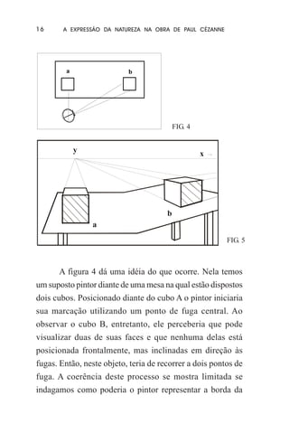 16

A EXPRESSÃO DA NATUREZA NA OBRA DE PAUL CÉZANNE

a

b

FIG. 4

y

x

b
a
FIG. 5

A figura 4 dá uma idéia do que ocorre. Nela temos
um suposto pintor diante de uma mesa na qual estão dispostos
dois cubos. Posicionado diante do cubo A o pintor iniciaria
sua marcação utilizando um ponto de fuga central. Ao
observar o cubo B, entretanto, ele perceberia que pode
visualizar duas de suas faces e que nenhuma delas está
posicionada frontalmente, mas inclinadas em direção às
fugas. Então, neste objeto, teria de recorrer a dois pontos de
fuga. A coerência deste processo se mostra limitada se
indagamos como poderia o pintor representar a borda da

 