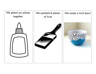 We painted 6 pieces
of fruit
We glued our pieces
together
We made a fruit bowl
 
