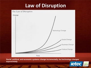 Law of Disruption
Social, political, and economic systems change incrementally, but technology changes
exponentially.
 