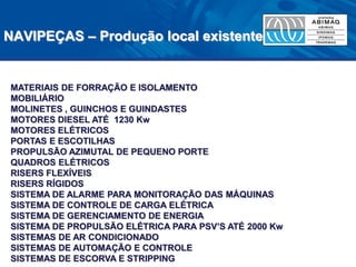 NAVIPEÇAS – Produção local existente 
MATERIAIS DE FORRAÇÃO E ISOLAMENTO 
MOBILIÁRIO 
MOLINETES , GUINCHOS E GUINDASTES 
MOTORES DIESEL ATÉ 1230 Kw 
MOTORES ELÉTRICOS 
PORTAS E ESCOTILHAS 
PROPULSÃO AZIMUTAL DE PEQUENO PORTE 
QUADROS ELÉTRICOS 
RISERS FLEXÍVEIS 
RISERS RÍGIDOS 
SISTEMA DE ALARME PARA MONITORAÇÃO DAS MÁQUINAS 
SISTEMA DE CONTROLE DE CARGA ELÉTRICA 
SISTEMA DE GERENCIAMENTO DE ENERGIA 
SISTEMA DE PROPULSÃO ELÉTRICA PARA PSV’S ATÉ 2000 Kw 
SISTEMAS DE AR CONDICIONADO 
SISTEMAS DE AUTOMAÇÃO E CONTROLE 
SISTEMAS DE ESCORVA E STRIPPING  