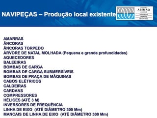AMARRAS 
ÂNCORAS 
ÂNCORAS TORPEDO 
ÁRVORE DE NATAL MOLHADA (Pequena e grande profundidades) 
AQUECEDORES 
BALEEIRAS 
BOMBAS DE CARGA 
BOMBAS DE CARGA SUBMERSÍVEIS 
BOMBAS DE PRAÇA DE MÁQUINAS 
CABOS ELÉTRICOS 
CALDEIRAS 
CARDANS 
COMPRESSORES 
HÉLICES (ATÉ 3 M) 
INVERSORES DE FREQUÊNCIA 
LINHA DE EIXO (ATÉ DIÂMETRO 300 Mm) 
MANCAIS DE LINHA DE EIXO (ATÉ DIÂMETRO 300 Mm) 
NAVIPEÇAS – Produção local existente  