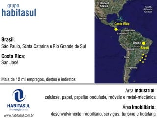 grupo habitasulSPSCRSCosta RicaBrasil:São Paulo, Santa Catarina e Rio Grande do SulCosta Rica:San JoséBrasilMais de 12 mil empregos, diretos e indiretosÁrea Industrial:celulose, papel, papelão ondulado, móveis e metal-mecânicaÁrea Imobiliária:desenvolvimento imobiliário, serviços, turismo e hotelariawww.habitasul.com.br