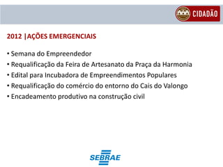 2012 |AÇÕES EMERGENCIAIS

• Semana do Empreendedor
• Requalificação da Feira de Artesanato da Praça da Harmonia
• Edital para Incubadora de Empreendimentos Populares
• Requalificação do comércio do entorno do Cais do Valongo
• Encadeamento produtivo na construção civil
 