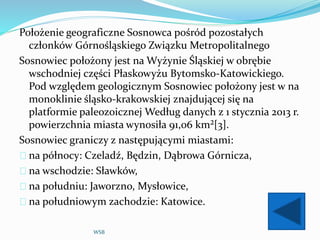 Położenie geograficzne Sosnowca pośród pozostałych
członków Górnośląskiego Związku Metropolitalnego
Sosnowiec położony jest na Wyżynie Śląskiej w obrębie
wschodniej części Płaskowyżu Bytomsko-Katowickiego.
Pod względem geologicznym Sosnowiec położony jest w na
monoklinie śląsko-krakowskiej znajdującej się na
platformie paleozoicznej Według danych z 1 stycznia 2013 r.
powierzchnia miasta wynosiła 91,06 km²[3].
Sosnowiec graniczy z następującymi miastami:
na północy: Czeladź, Będzin, Dąbrowa Górnicza,
na wschodzie: Sławków,
na południu: Jaworzno, Mysłowice,
na południowym zachodzie: Katowice.
WSB
 