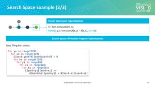 © 2020 OctoML and University of Washington
Search Space Example (2/3)
14
Search Space of Possible Program Optimizations
Loop Tiling for Locality
Tensor Expression (Specification)
C = tvm.compute((m, n),
lambda y, x: tvm.sum(A[k, y] * B[k, x], axis=k))
 