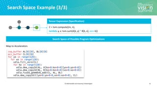 © 2020 OctoML and University of Washington
Search Space Example (3/3)
15
Search Space of Possible Program Optimizations
Map to Accelerators
Tensor Expression (Specification)
C = tvm.compute((m, n),
lambda y, x: tvm.sum(A[k, y] * B[k, x], axis=k))
 