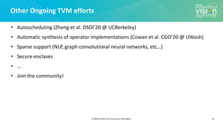 © 2020 OctoML and University of Washington
Other Ongoing TVM efforts
32
• Autoscheduling (Zheng et al. OSDI’20 @ UCBerkeley)
• Automatic synthesis of operator implementations (Cowan et al. CGO’20 @ UWash)
• Sparse support (NLP, graph convolutional neural networks, etc…)
• Secure enclaves
• …
• Join the community!
 