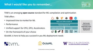 © 2020 OctoML and University of Washington
What I would like you to remember…
35
TVM is an emerging open source standard for ML compilation and optimization
TVM offers
• Improved time to market for ML
• Performance
• Unified support for CPU, GPU, Accelerators
• On the framework of your choice
OctoML is here to help you succeed in you ML deployment needs
End-to-end,
framework to
metal open stack.
Research and
deployment
High-Level Differentiable IR
Tensor Expression IR
LLVM, CUDA, Metal VTA
Edge
FPGA
Cloud
FPGA
ASIC
 