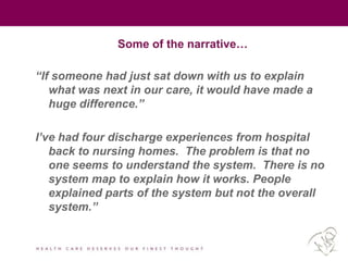 Some of the narrative…
“If someone had just sat down with us to explain
what was next in our care, it would have made a
huge difference.”
I‟ve had four discharge experiences from hospital
back to nursing homes. The problem is that no
one seems to understand the system. There is no
system map to explain how it works. People
explained parts of the system but not the overall
system.”
 