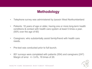 Methodology
• Telephone survey was administered by Ipsosin West Northumberland
• Patients: 18 years of age or older, having one or more long-term health
conditions & contact with health care system at least 5 times a year.
(50% over the age of 60)
• Caregivers: who substantially assist family/friend with health care
needs.
• Pre-test was conducted prior to full launch.
• 801 surveys were completed with patients (554) and caregivers (247)
Margin of error +/- 3.4%, 19 times of 20.
 