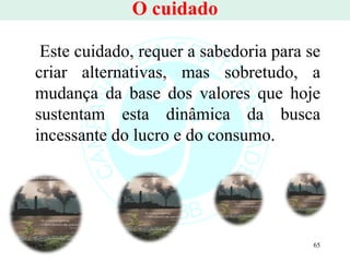 O cuidado Este cuidado, requer a sabedoria para se criar alternativas, mas sobretudo, a mudança da base dos valores que hoje sustentam esta dinâmica da busca incessante do lucro e do consumo. 