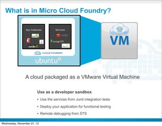 What is in Micro Cloud Foundry?

                App Instances                                Services




                 Open source Platform as a Service project




                A cloud packaged as a VMware Virtual Machine

                                       Use as a developer sandbox
                                      • Use the services from Junit integration tests
                                      • Deploy your application for functional testing
                                      • Remote debugging from STS
                                                           CONFIDENTIAL


                                                                                         25
Wednesday, November 21, 12
 