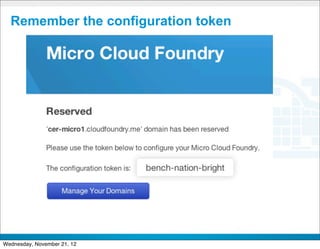 Remember the configuration token




                             CONFIDENTIAL


                                            29
Wednesday, November 21, 12
 