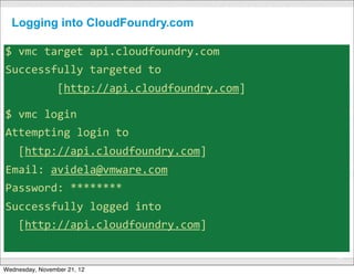 Logging into CloudFoundry.com

$	
  vmc	
  target	
  api.cloudfoundry.com
Successfully	
  targeted	
  to	
  
	
  	
  	
  	
  	
  	
  	
  	
  [http://api.cloudfoundry.com]

$	
  vmc	
  login
Attempting	
  login	
  to	
  
	
  	
  [http://api.cloudfoundry.com]
Email:	
  avidela@vmware.com
Password:	
  ********
Successfully	
  logged	
  into	
  
	
  	
  [http://api.cloudfoundry.com]

                                        CONFIDENTIAL
                                                                39

Wednesday, November 21, 12
 