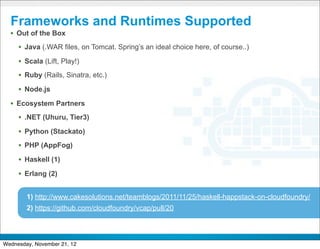 Frameworks and Runtimes Supported
  • Out of the Box
     • Java (.WAR files, on Tomcat. Spring’s an ideal choice here, of course..)
     • Scala (Lift, Play!)
     • Ruby (Rails, Sinatra, etc.)
     • Node.js
  • Ecosystem Partners
     • .NET (Uhuru, Tier3)
     • Python (Stackato)
     • PHP (AppFog)
     • Haskell (1)
     • Erlang (2)

        1) http://www.cakesolutions.net/teamblogs/2011/11/25/haskell-happstack-on-cloudfoundry/
        2) https://github.com/cloudfoundry/vcap/pull/20

                                              CONFIDENTIAL



Wednesday, November 21, 12
 