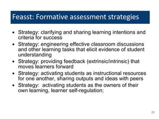 Feasst: Formative assessment strategies Strategy: clarifying and sharing learning intentions and criteria for success Strategy: engineering effective classroom discussions and other learning tasks that elicit evidence of student understanding Strategy: providing feedback (extrinsic/intrinsic) that moves learners forward Strategy: activating students as instructional resources for one another, sharing outputs and ideas with peers Strategy:  activating students as the owners of their own learning, learner self-regulation; 