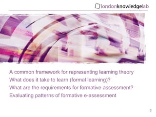 A common framework for representing learning theory What does it take to learn (formal learning)? What are the requirements for formative assessment? Evaluating patterns of formative e-assessment 