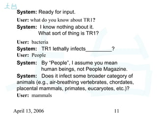 April 13, 2006 11
System: Ready for input.
User: what do you know about TR1?
System: I know nothing about it.
What sort of thing is TR1?
User: bacteria
System: TR1 lethally infects_________?
User: People
System: By “People”, I assume you mean
human beings, not People Magazine.
System: Does it infect some broader category of
animals (e.g., air-breathing vertebrates, chordates,
placental mammals, primates, eucaryotes, etc.)?
User: mammals
 