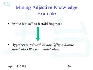 April 13, 2006 26
Mining Adjective Knowledge
Example
• “white blouse” as factoid fragment
• Hypothesis: (plausibleValueOfType Blouse
mainColorOfObject WhiteColor)
 