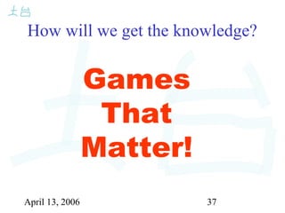 April 13, 2006 37
How will we get the knowledge?
Games
That
Matter!
 
