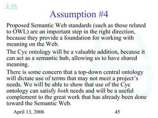 April 13, 2006 45
Assumption #4
Proposed Semantic Web standards (such as those related
to OWL) are an important step in the right direction,
because they provide a foundation for working with
meaning on the Web.
The Cyc ontology will be a valuable addition, because it
can act as a semantic hub, allowing us to have shared
meaning.
There is some concern that a top-down central ontology
will dictate use of terms that may not meet a project’s
needs. We will be able to show that use of the Cyc
ontology can satisfy both needs and will be a useful
complement to the great work that has already been done
toward the Semantic Web.
 