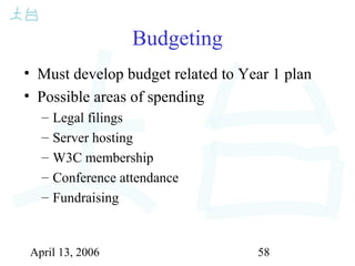 April 13, 2006 58
Budgeting
• Must develop budget related to Year 1 plan
• Possible areas of spending
– Legal filings
– Server hosting
– W3C membership
– Conference attendance
– Fundraising
 
