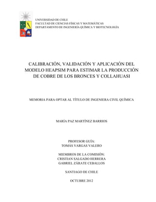 UNIVERSIDAD DE CHILE
FACULTAD DE CIENCIAS FÍSICAS Y MATEMÁTICAS
DEPARTAMENTO DE INGENIERÍA QUÍMICA Y BIOTECNOLOGÍA
CALIBRACIÓN, VALIDACIÓN Y APLICACIÓN DEL
MODELO HEAPSIM PARA ESTIMAR LA PRODUCCIÓN
DE COBRE DE LOS BRONCES Y COLLAHUASI
MEMORIA PARA OPTAR AL TÍTULO DE INGENIERA CIVIL QUÍMICA
MARÍA PAZ MARTÍNEZ BARRIOS
PROFESOR GUÍA:
TOMÁS VARGAS VALERO
MIEMBROS DE LA COMISIÓN:
CRISTIAN SALGADO HERRERA
GABRIEL ZÁRATE CEBALLOS
SANTIAGO DE CHILE
OCTUBRE 2012
 