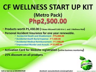 CF WELLNESS START UP KIT
(Metro Pack)
- Products worth P1,430.00 (7 Boxes Micswell Café 8-in-1 and 1 Wellness Rub)
 Accidental Death and Disablement - P75,000.00
Accidental Death Burial Expense - P 7,500.00
Accidental Medical Reimbursement - P 7,500.00
Unprovoked Murder and Assault - P 37,500.00
- Personal Accident Insurance for one year renewable.
- Activation Card for Website registration (online business monitoring)
- 25% discount on all products
Call or text me at 09199937638 facebook: www.facebook.com/jungilruben
 