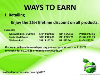WAYS TO EARN
1. Retailing
Enjoy the 25% lifetime discount on all products.
Example:
Micswell 8-in-1 Coffee SRP: P190.00 DP: P142.50 Profit: P47.50
Unlimited Drops SRP: P325.00 DP: P243.75 Profit: P81.25
Wellness Rub SRP : P100.00 DP: P75.00 Profit: P25.00
If you can sell one item each per day, you can earn as much as P153.75
or weekly for P1,076.25 or monthly for P4,305.00
Not bad for an extra income right???
 