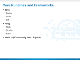 Core Runtimes and Frameworks
 Java
 • Spring
 • Grails
 • Lift
 Ruby
 • Rails
 • Sinatra
 • Rack
 Node.js (Community le...