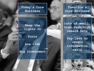 Tomorrow’s
Core Business
Today’s Core
Business
Keep the
lights on
Focus
Low risk
Big investment
Lots of small,
high risk/high
reward bets
Pay less to
obtain
information
early
 
