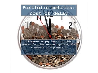 Portfolio metrics:
cost of delay
“Whenever we pay less than this
amount for time we are improving the
economics of a project.”
-Don Reinertsen in LeanMagazine.net
 