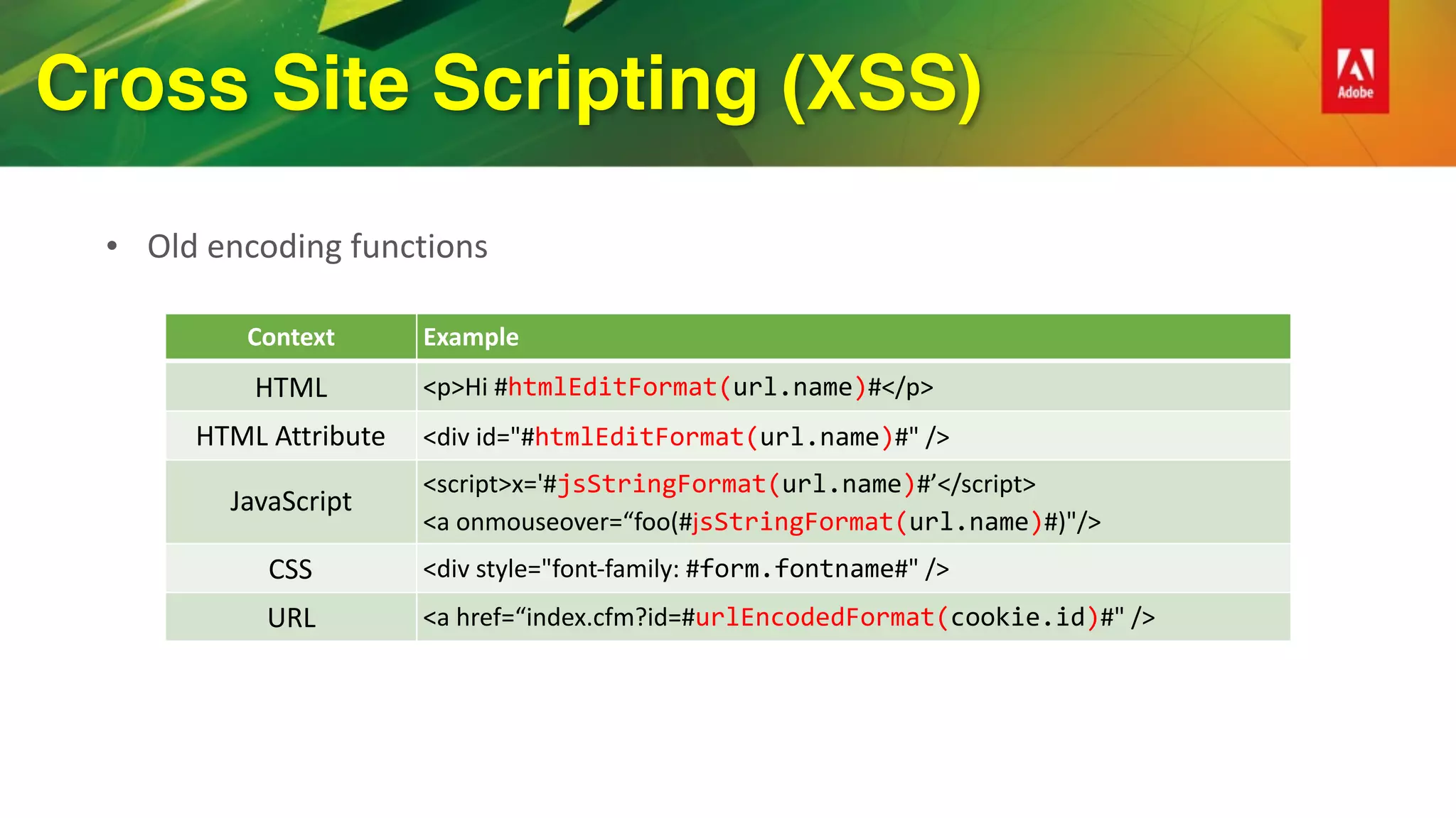 Cross Site Scripting (XSS)
• Old	encoding	functions	
Context Example
HTML <p>Hi	#htmlEditFormat(url.name)#</p>
HTML	Attribute <div	id="#htmlEditFormat(url.name)#"	/>
JavaScript
<script>x='#jsStringFormat(url.name)#’</script> 
<a	onmouseover=“foo(#jsStringFormat(url.name)#)"/>
CSS <div	style="font-family:	#form.fontname#"	/>
URL <a	href=“index.cfm?id=#urlEncodedFormat(cookie.id)#"	/>
 