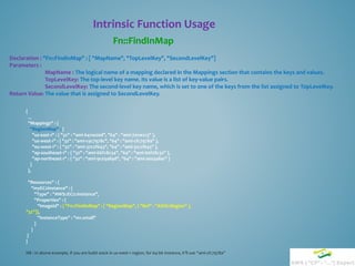 Intrinsic Function Usage
Fn::FindInMap
Declaration : "Fn::FindInMap" : [ "MapName", "TopLevelKey", "SecondLevelKey"]
Parameters :
MapName : The logical name of a mapping declared in the Mappings section that contains the keys and values.
TopLevelKey: The top-level key name. Its value is a list of key-value pairs.
SecondLevelKey: The second-level key name, which is set to one of the keys from the list assigned to TopLevelKey.
Return Value: The value that is assigned to SecondLevelKey.
{
...
"Mappings" : {
"RegionMap" : {
"us-east-1" : { "32" : "ami-6411e20d", "64" : "ami-7a11e213" },
"us-west-1" : { "32" : "ami-c9c7978c", "64" : "ami-cfc7978a" },
"eu-west-1" : { "32" : "ami-37c2f643", "64" : "ami-31c2f645" },
"ap-southeast-1" : { "32" : "ami-66f28c34", "64" : "ami-60f28c32" },
"ap-northeast-1" : { "32" : "ami-9c03a89d", "64" : "ami-a003a8a1" }
}
},
"Resources" : {
"myEC2Instance" : {
"Type" : "AWS::EC2::Instance",
"Properties" : {
"ImageId" : { "Fn::FindInMap" : [ "RegionMap", { "Ref" : "AWS::Region" },
"32"]},
"InstanceType" : "m1.small"
}
}
}
}
NB : In above example, if you are build stack in us-west-1 region, for 64 bit instance, it’ll use “ami-cfc7978a”
 