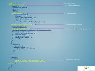 "Metadata" : {
"AWS::CloudFormation::Init" : {
"configSets" : {
"InstallSoftware" : ["Install"]
},
"Install" : {
"files" : {
"/etc/cfn/cfn-hup.conf" : {
"content" : { "Fn::Join" : ["", [
"[main]n",
"stack=", { "Ref" : "AWS::StackId" }, "n",
"region=", { "Ref" : "Region" }, "n"
]]},
"mode" : "000400", "owner" : "root", "group" : "root“ },
"/etc/cfn/hooks.d/cfn-auto-reloader.conf" : {
"content": { "Fn::Join" : ["", [
"[cfn-auto-reloader-hook]n",
"triggers=post.updaten",
"path=Resources.WebServerInstance.Metadata.AWS::CloudFormation::Initn",
"action=/opt/aws/bin/cfn-init -v ",
" --stack ", { "Ref" : "AWS::StackName" },
" --resource EC2Instance ",
" --configsets InstallSoftware ",
" --region ", { "Ref" : "Region" }, "n",
"runas=rootn"
]]}
}
},
"commands" : {
"configure node" : {
"command" : { "Fn::Join" : ["", [
"logger 'finised commandlines' n"
]]
}
}
},
"services" : {
"sysvinit" : {
"cfn-hup" : { "enabled" : "true", "ensureRunning" : "true",
"files" : ["/etc/cfn/cfn-hup.conf", "/etc/cfn/hooks.d/cfn-auto-
reloader.conf"]}
}
}}
}
}
EC2 Metadata section
EC2 standard cfn-init section
Cfn-hup config file
Cfn-hup autoloader config file
Auto-loader will be used for post update only
Starts cfn-hup as daemon
 