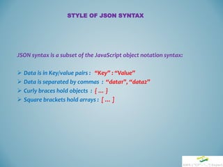 STYLE OF JSON SYNTAX
JSON syntax is a subset of the JavaScript object notation syntax:
 Data is in Key/value pairs : “Key” : “Value”
 Data is separated by commas : “data1”, “data2”
 Curly braces hold objects : { … }
 Square brackets hold arrays : [ … ]
 