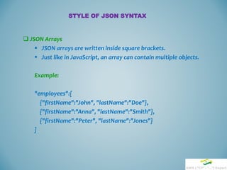  JSON Arrays
 JSON arrays are written inside square brackets.
 Just like in JavaScript, an array can contain multiple objects.
Example:
"employees":[
{"firstName":"John", "lastName":"Doe"},
{"firstName":"Anna", "lastName":"Smith"},
{"firstName":"Peter", "lastName":"Jones"}
]
STYLE OF JSON SYNTAX
 