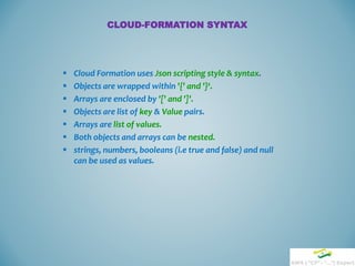  Cloud Formation uses Json scripting style & syntax.
 Objects are wrapped within '{' and '}‘.
 Arrays are enclosed by '[' and ']'.
 Objects are list of key & Value pairs.
 Arrays are list of values.
 Both objects and arrays can be nested.
 strings, numbers, booleans (i.e true and false) and null
can be used as values.
CLOUD-FORMATION SYNTAX
 